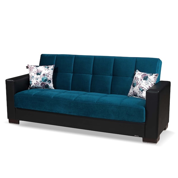 Homeroots 87" Blue Microfiber Sleeper Sofa And Toss Pillows With Brown Legs 607090 - main
