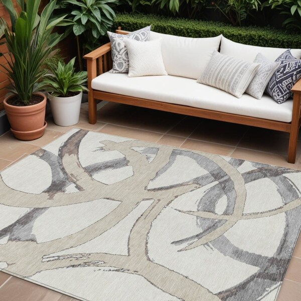 Homeroots 9' X 12' Ivory Gray And Beige Abstract Washable Indoor Outdoor Area Rug 599134 - main