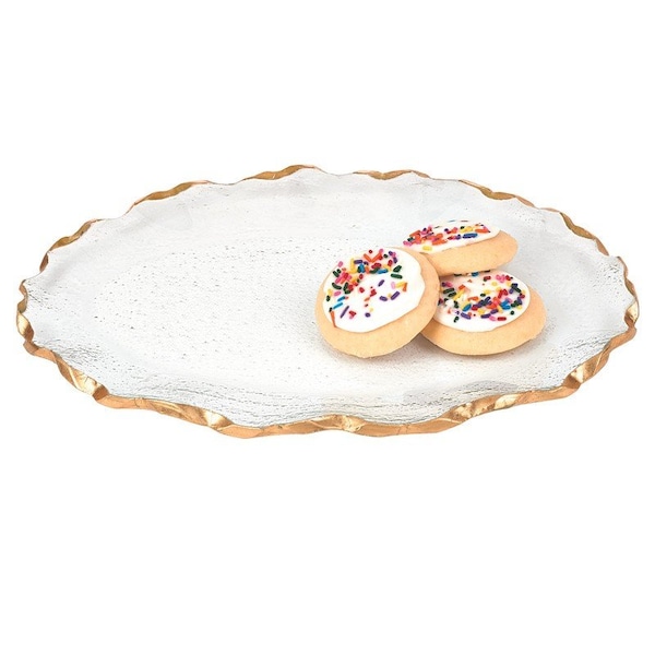 Homeroots 14in Clear Bubble Glass Scalloped Gold Rim Oval Platter 390090 - main