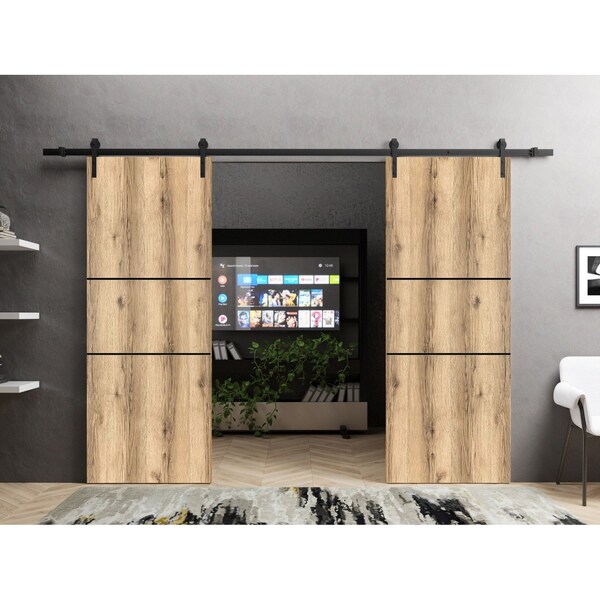 Sartodoors Sliding Double Barn Doors with Hardware, Planum 0014 Oak and Aluminum Strips, 13FT Rail Hangers Stu PLANUM0014DB-DUB-3684 - main