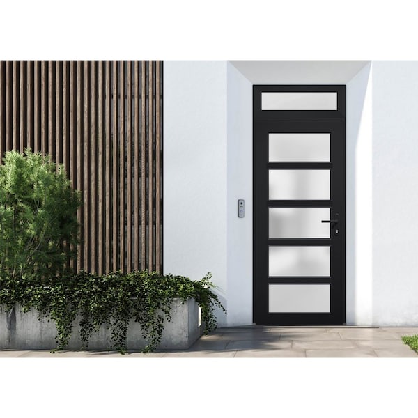 Vdomdoors Front Exterior Prehung FiberGlass Door Frosted Glass / Manux 8002 Matte Black / Transom Window / Of MANUX8002EXD-BLK-W30 x H80+14-LH - main