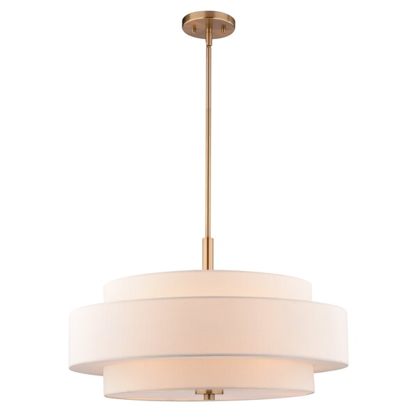 Vaxcel Brentwood 5-Light Gold Mid-Century Modern Drum Pendant White Fabric Shade P0442 - main