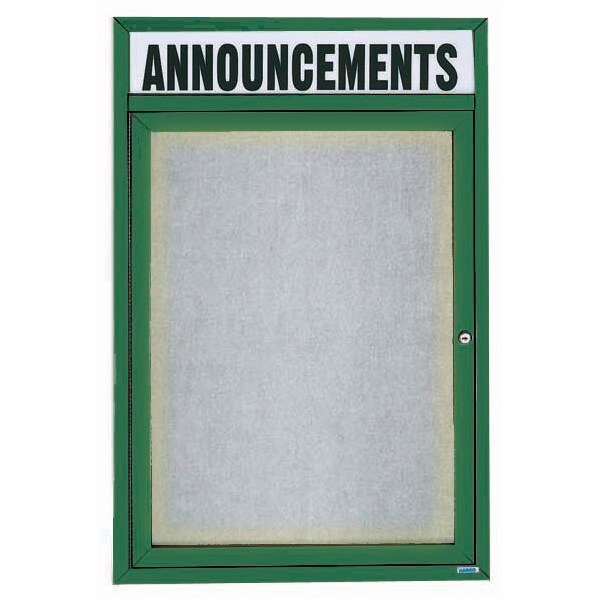 Aarco Illuminated Outdoor Enclosed Bulletin Board w/ Al Frame Header, Powder Coated Green, 24''Hx18''W ODCC2418RHIG - main