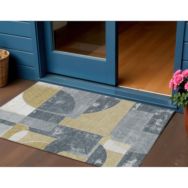 Homeroots 3' X 5' Gray And Gold Geometric Washable Indoor Outdoor Area Rug 617914 - main
