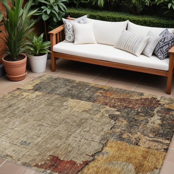 Homeroots 10' X 14' Khaki Charcoal And Terra Cotta Abstract Washable Indoor Outdoor Area Rug 606042 - main