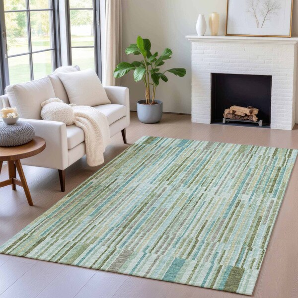 Homeroots 8' X 10' Artichoke Green And Teal Blue Striped Washable Indoor Outdoor Area Rug 631524 - main