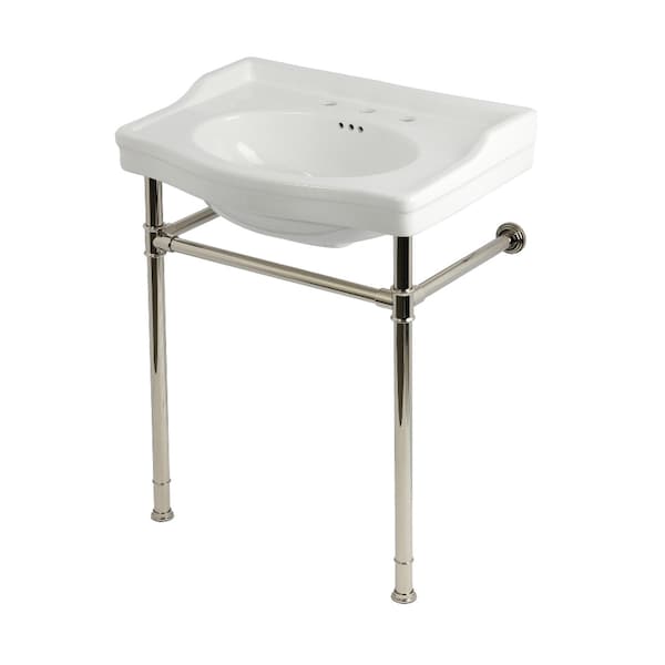 Kingston Brass 30" Ceramic Console Sink with Stainless Steel Legs, 8-Inch, 3-Hole, White/Polished Nickel KVPB30229W386 - main