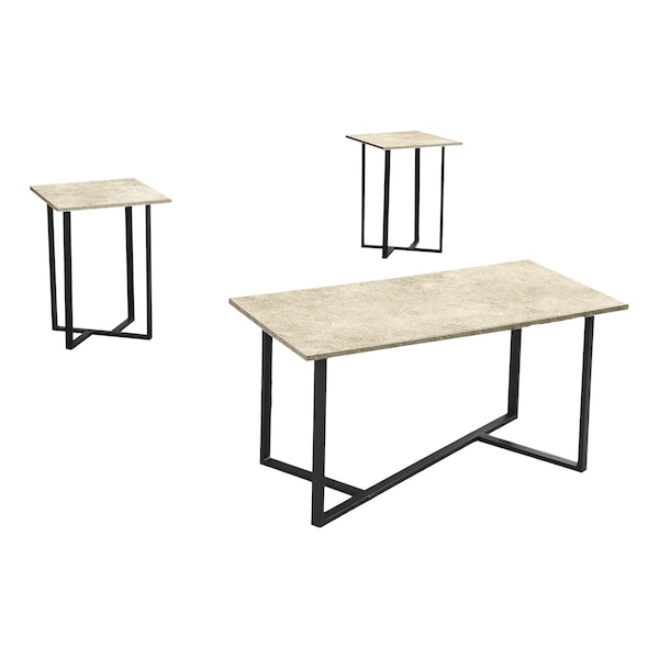 Monarch Specialties Table Set, 3pcs Set, Coffee, Living Room, Cream Stone Laminate, Black Metal, Contemporary, Modern I 7974P - main