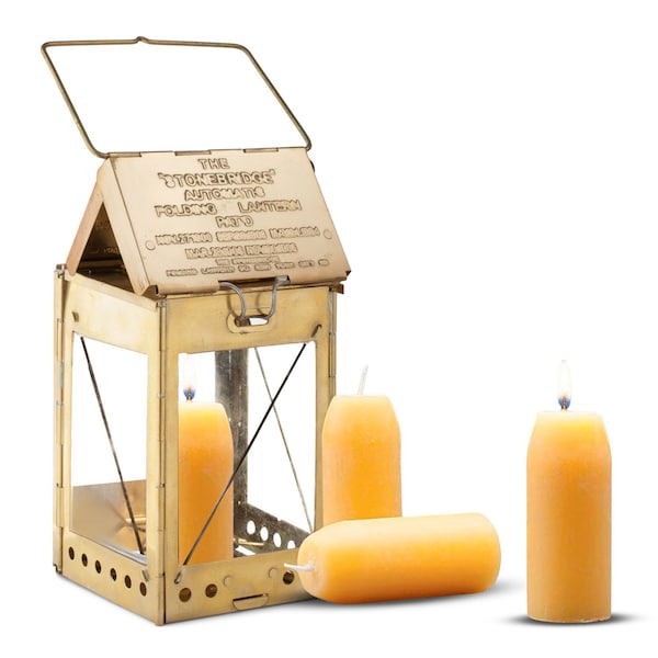 Kings County Candle Lamp Vintage Style Folding Brass Candle Lantern with Hanging Handle & 3 Beeswax Tapers GW83R02-01-14 - main