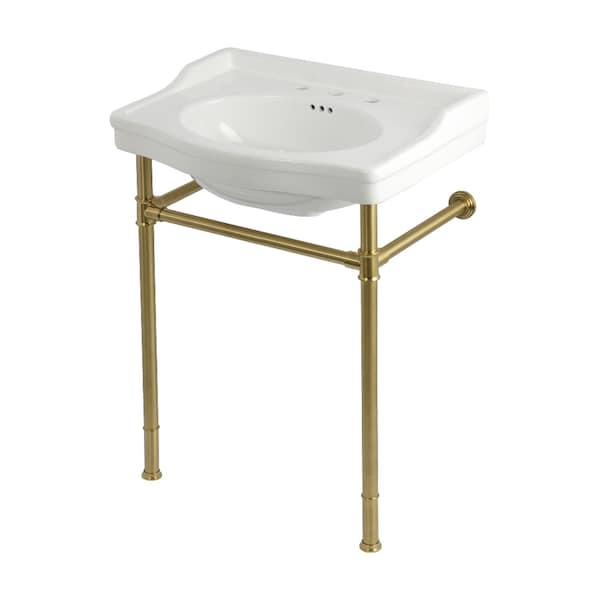 Kingston Brass 30" Ceramic Console Sink with Stainless Steel Legs, 8-Inch, 3-Hole, White/Brushed Brass KVPB30229W87 - main