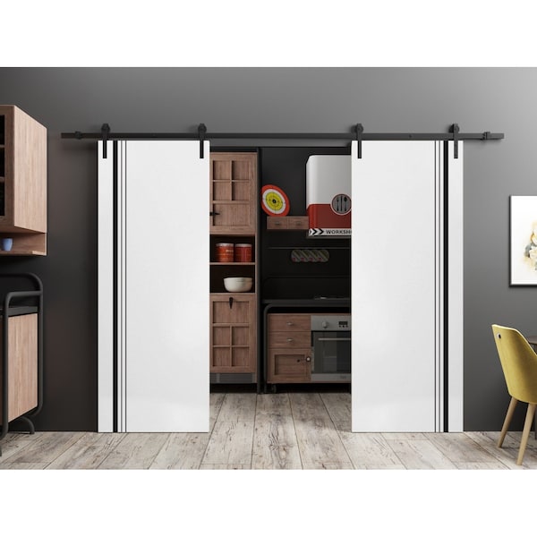 Sartodoors Sturdy Double Barn Door with Hardware, Planum 0011 White Silk and Aluminum Strips, 13FT Rail Hanger PLANUM0011DB-WS-36 - main
