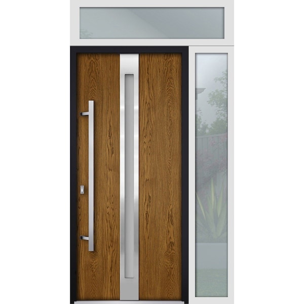 Vdomdoors Steel Door Deux 1744 Natural Oak Sidelight and Transom White Window Stainless Inserts Single Modern DEUX1744EXD-OAKW-W36+14xH80+16-RH-O - main