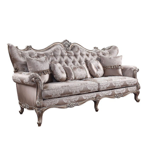 Homeroots 94" Dark Gray Imitation Silk Damask Sofa And Toss Pillows With Champagne Legs 491281 - main