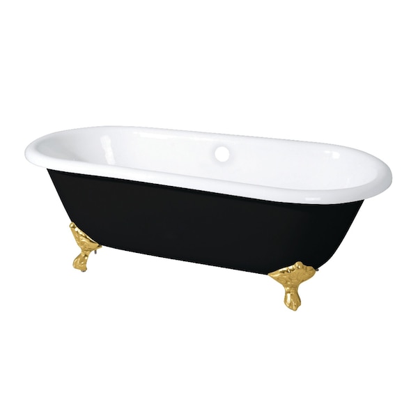 Kingston Brass 66" Cast Iron Oval Double Ended Clawfoot Tub, No Faucet Drillings, Black/White/Brushed Brass VBTND663013NB7 - main