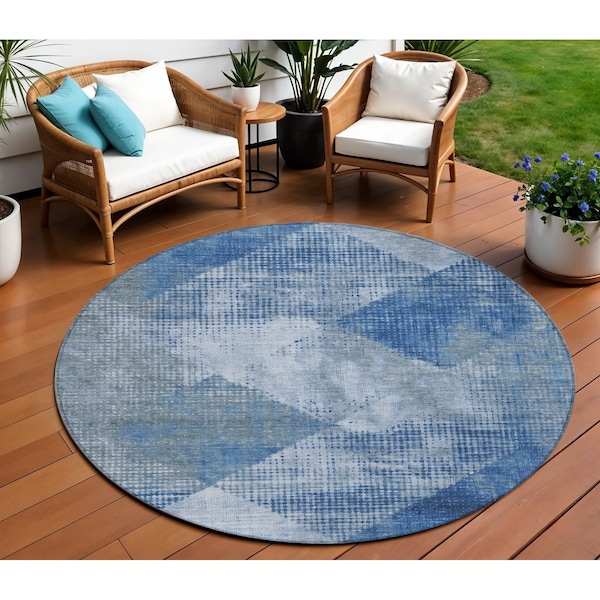 Homeroots 8' Blue And Gray Round Geometric Washable Indoor Outdoor Area Rug 602835 - main