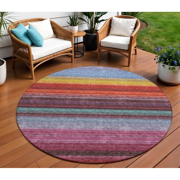 Homeroots 8' Lavender Blush And Blue Round Striped Washable Indoor Outdoor Area Rug 614811 - main