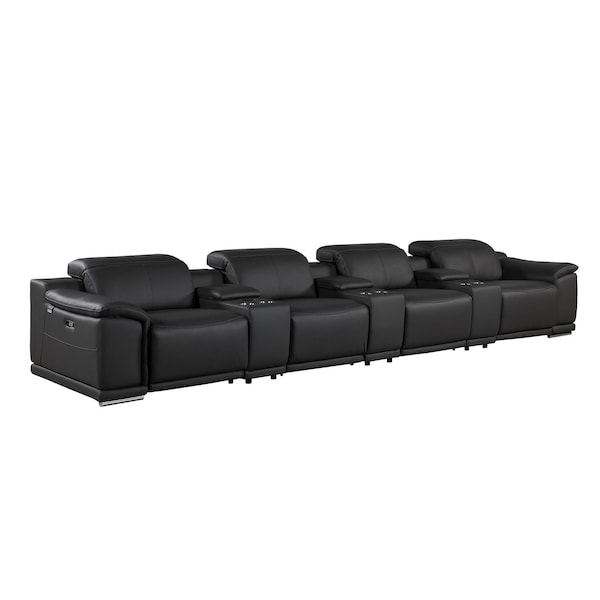 Homeroots 175" Black Italian Leather Reclining Metal USB Sofa 720412 - main