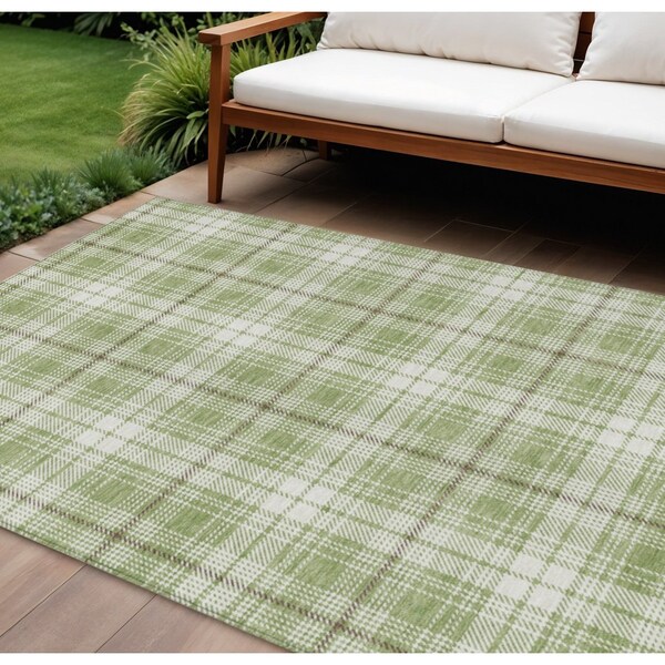 Homeroots 9' X 12' Artichoke Green Brown And Ivory Plaid Washable Indoor Outdoor Area Rug 597073 - main