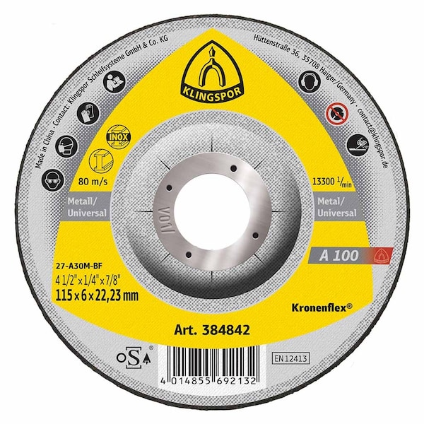 Klingspor A100 Grinding Disc 4-1/2 in x 1/4 in x 7/8 T27, 10PK A1001156.022D - main