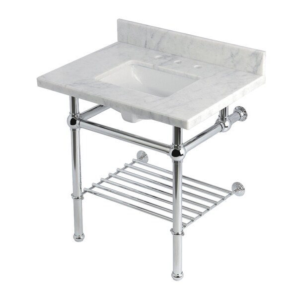 Kingston Brass 30-Inch Carrara Marble Console Sink with Brass Legs and Shelf, 8-Inch, 3-Hole KVPB3030MBSQB1 - main
