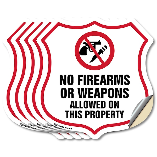 Signmission No Guns Shield Sign No Firearms Or Weapo, 6 inch X 6 inch, Vinyl Decal, 5PK SHI-D-5PACK-6-395 - main