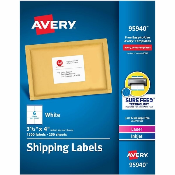 Avery Dennison Shipping Label, 3 21/64" Label W, 6 Labels per Sheet Bright White 95940 - main