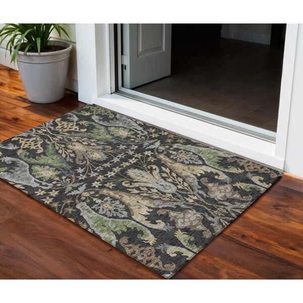 Homeroots 3' X 5' Black Green And Brown Floral Washable Indoor Outdoor Area Rug 605271 - main