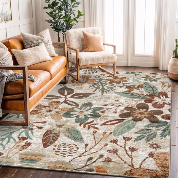 World Rug Gallery Garden Floral Area Rug 5 ft x 7 ft Beige WR147BEIGE5X7 - main
