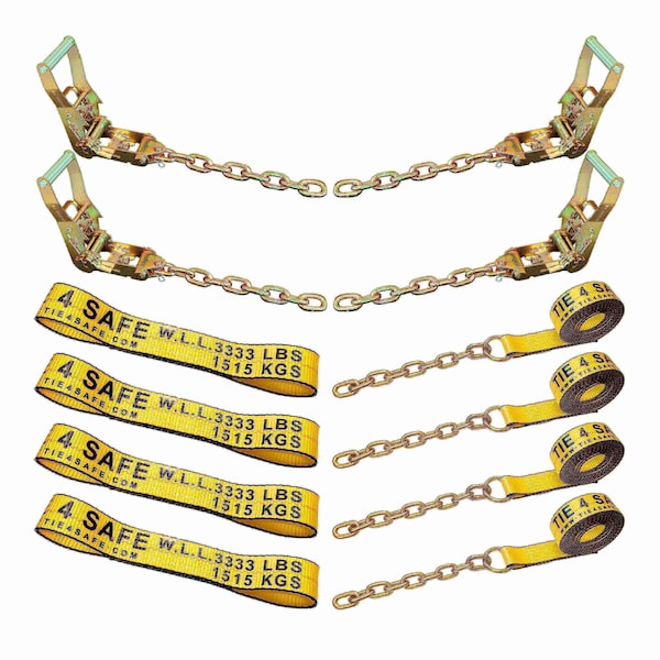 Tie 4 Safe 8 Point Roll Back Tie Down Kit w/ Chain Ends for Car Hauler Carrier Tow Truck. Yellow RT04CK-715-516-8P-14-YEL - main