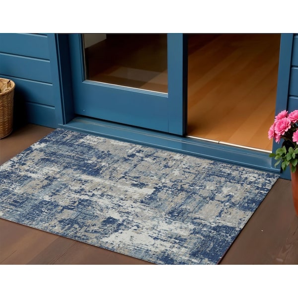Homeroots 3' X 5' Navy Blue Gray And Ivory Abstract Washable Indoor Outdoor Area Rug 597986 - main