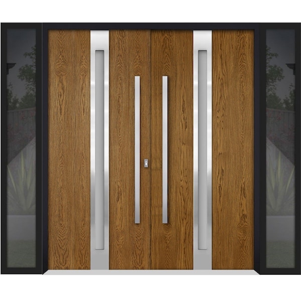 Vdomdoors Steel Double Doors Deux 1744 Natural Oak 2 Sidelight Exterior Black Windows Stainless Inserts Singl DEUX1744DEXD-OAKB-LH-W14+72+14 x H80 - main