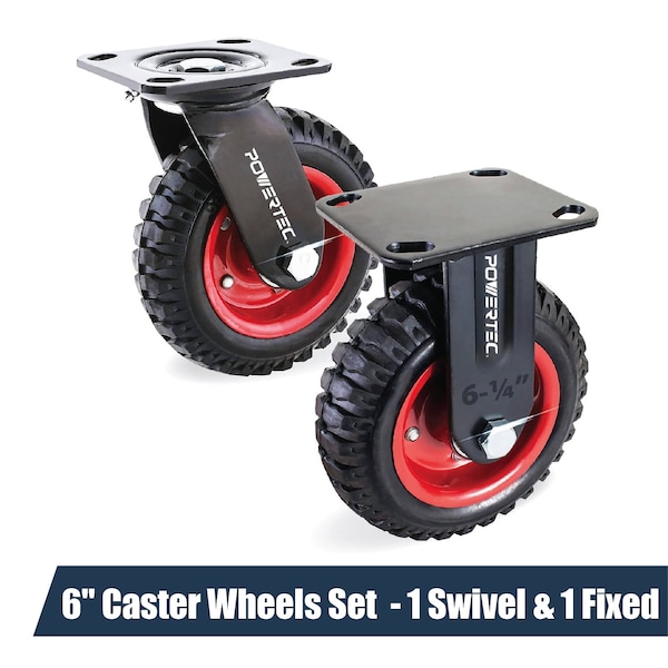 Powertec 6" Caster Wheels (1 Swivel & 1 Fixed), Heavy-Duty Industrial Plate Casters with Rubber Knobby Tread 17056 - main