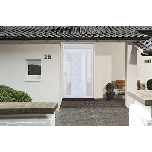 Vdomdoors Front Exterior Prehung FiberGlass Door Frosted Glass / Manux 8088 White Silk / Sidelight and Transo MANUX8088EXD-WS-W30+14 x H80+14-RH - main