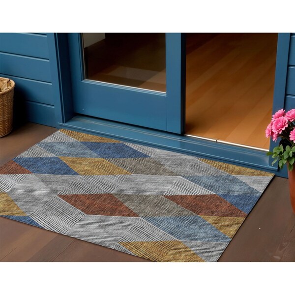 Homeroots 3' X 5' Gray Gold And Blue Argyle Washable Indoor Outdoor Area Rug 613693 - main