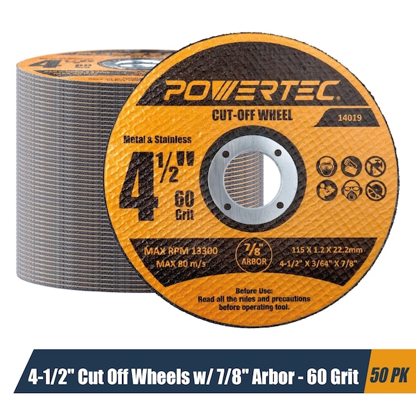 Powertec 4-1/2" Metal Cut Off Wheels, Iridium-Coated Aluminum Oxide 60 Grit, 1/16" Thick, 7/8" Arbor, 50PK 14019-P2 - main