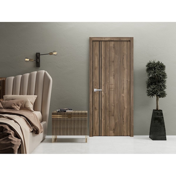 Sartodoors Modern Wood Interior Door with Hardware, Planum 0016 Walnut and Aluminum Strips, Single Panel Frame PLANUM0016ID-WLN-2884 - main