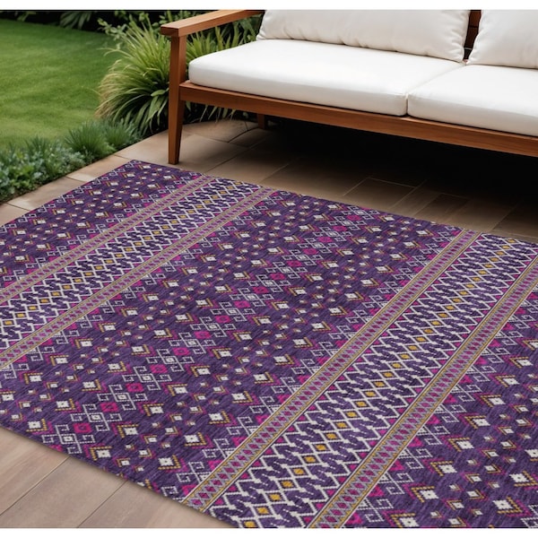 Homeroots 10' X 14' Purple Pink And Yellow Tribal Washable Indoor Outdoor Area Rug 582589 - main