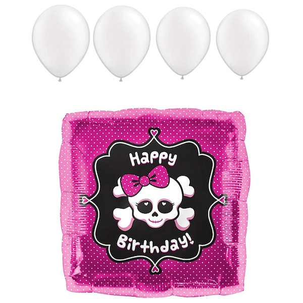 Loonballoon Pirates Balloons, 18 inch HAPPY BIRTHDAY GIRLY SKULL, 4 Pearl White Latex Set LOON-LAB-00930-01-N-P - main