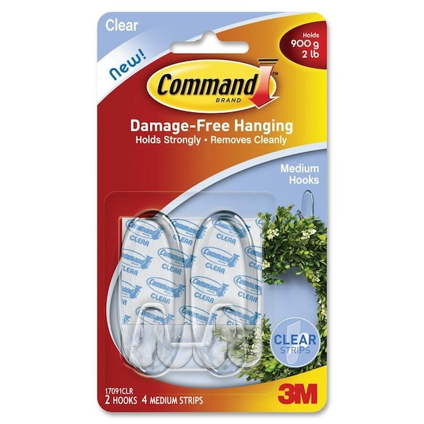 Command Adhesive Hook, 2 lb, 2Hook, Plastic, Clear 17091CLR - main