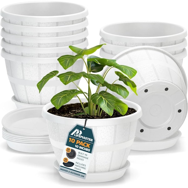 Lifemaster 10-Inch Whiskey Barrel Planters, Durable Plastic Pots with Drainage and Saucer, 10PK LMPBP10WHE10 - main