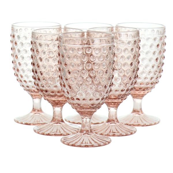 Martha Stewart 6 Piece 14.2 Ounce Clear Glass Hobnail Goblet Drinkware Set in Pink 120570.01 - main