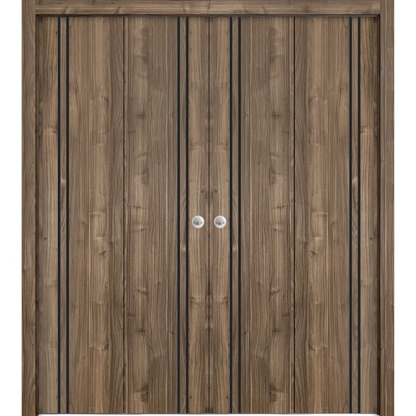 Sartodoors Sliding Closet Double Bi-fold Doors, Planum 0016 Walnut and Aluminum Strips, Sturdy Tracks Moldings PLANUM0016DBF-WLN-96 x 96 (4* 24x96) - main