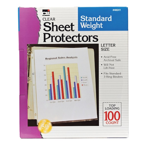 Charles Leonard Sheet Protectors, Standard Weight, Letter Size, Clear, Box of 100, 100PK CHL48241 - main