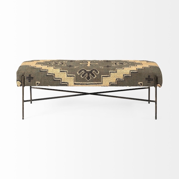 Homeroots 55in Green Brown and Black Upholstered Abstract Cotton Blend Bench 376186 - main