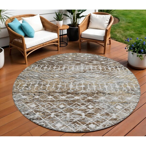 Homeroots 8' Brown And Beige Round Argyle Washable Indoor Outdoor Area Rug 615796 - main