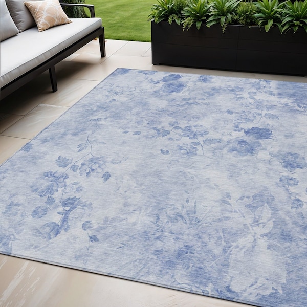 Homeroots 5' X 8' Sky Blue And Denim Blue Floral Washable Indoor Outdoor Area Rug 583131 - main