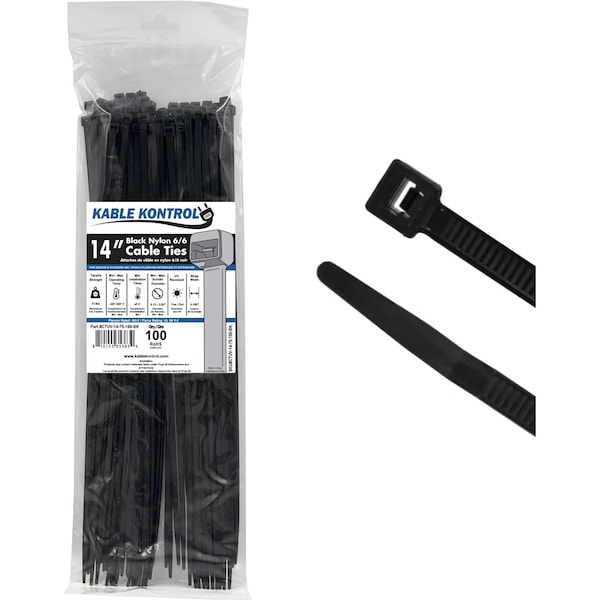 Kable Kontrol UV Resistant Black Cable Zip Ties, 14 in L, 4 in Max Bundle Dia., Black, Nylon 6/6 - UV Stabilized CTUV-14-75-100-BK - main