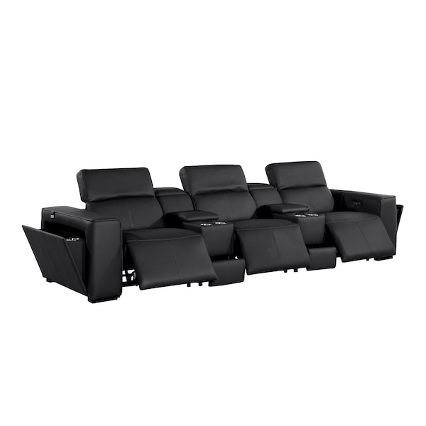 Homeroots 130" Black Top Grain Leather Reclining Metal USB Sofa 720394 - main