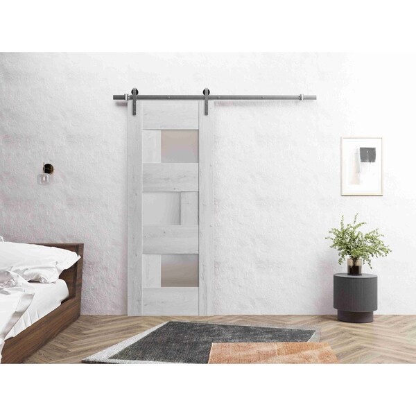 Vdomdoors Sturdy Barn Door 32 x 80in, Sete 6933 Nordic White W/ Frosted Glass, SS 6.6FT Rail Hangers Heavy Set SETE6933BD-S-NOR-32 - main
