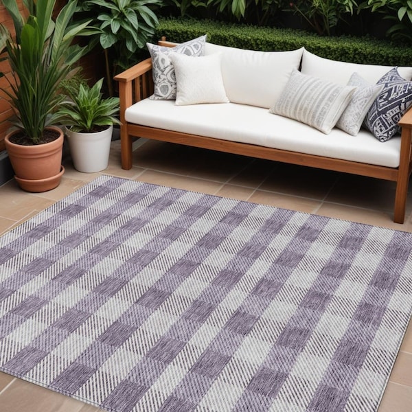 Homeroots 10' X 14' Lavender And Ivory Plaid Washable Indoor Outdoor Area Rug 595498 - main